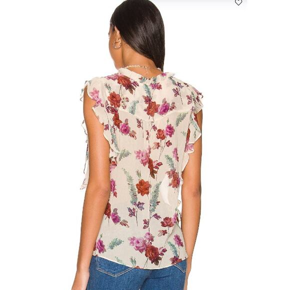 PAIGE Genie Floral Silk Chiffon Ruffle top Size Medium Nude Cream Multi V-neck - Picture 3 of 10
